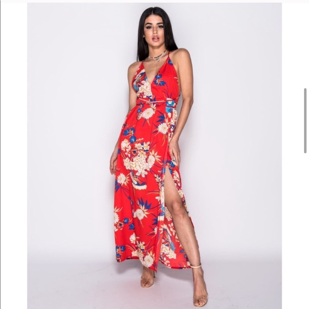 Red Floral Strappy Open Back Thigh Slit Maxi Dress - Picture 7 of 7